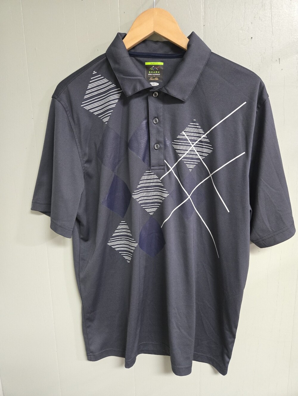 Greg Norman For Tasso Elba Polo Shirt Mens L Blue Argyle Golf Slim Fit Play Dry